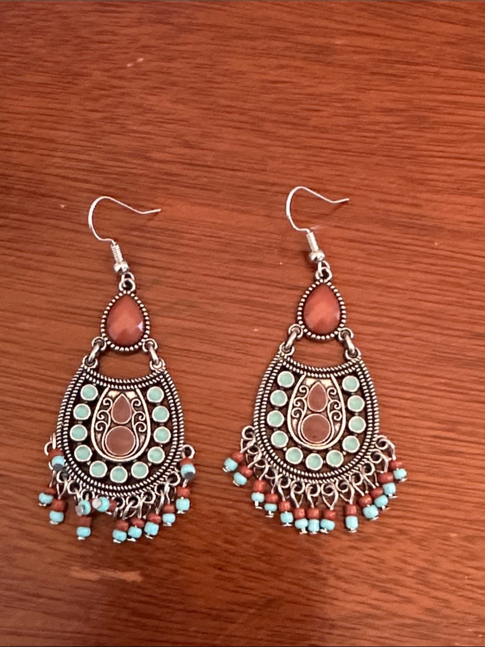Boho Teardrop Dangle Earrings in Turquoise and Rust - Women Jewelry - Picture 3 of 8
